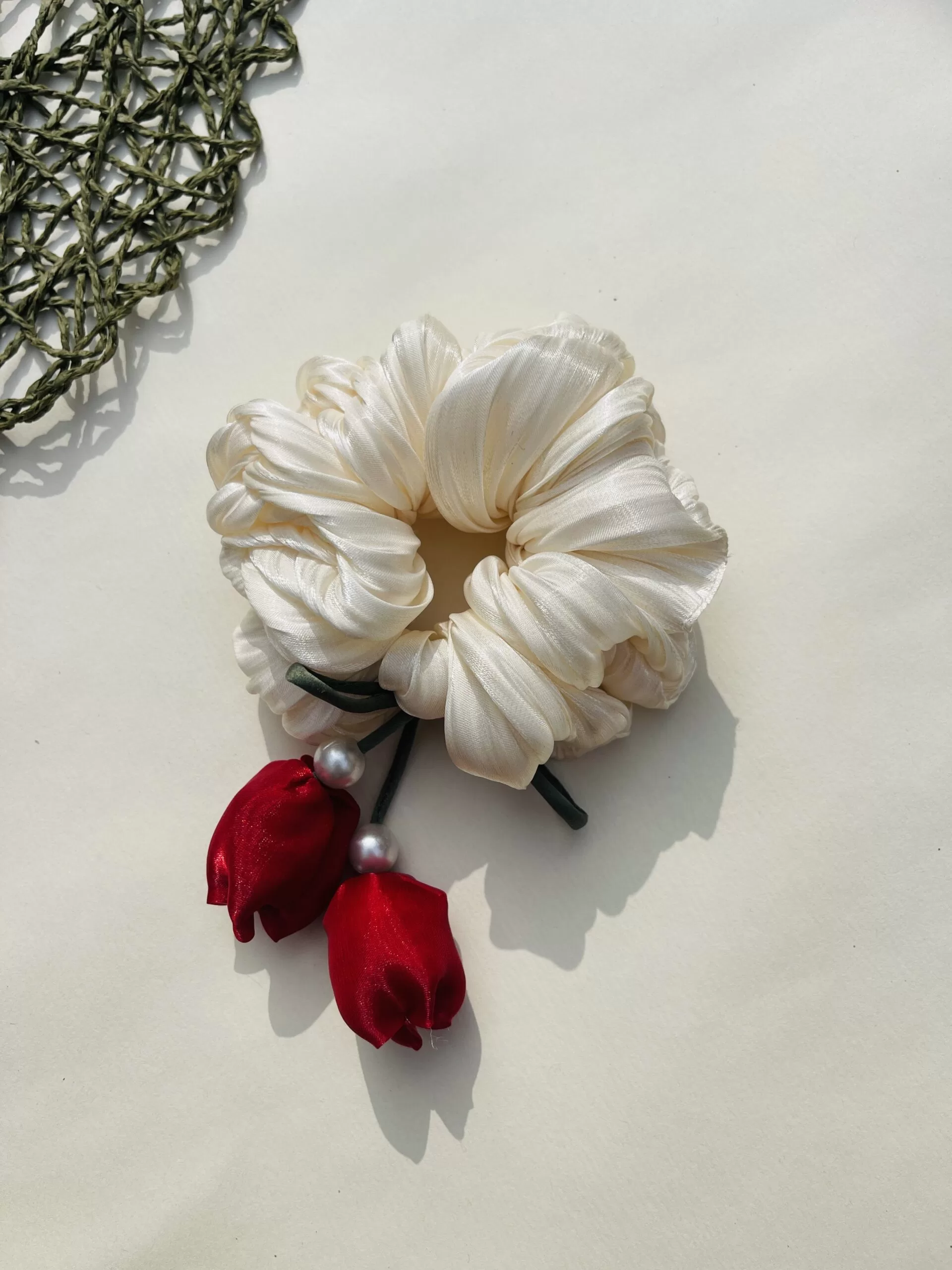 Medium fluffy premium organza scrunchie with roses